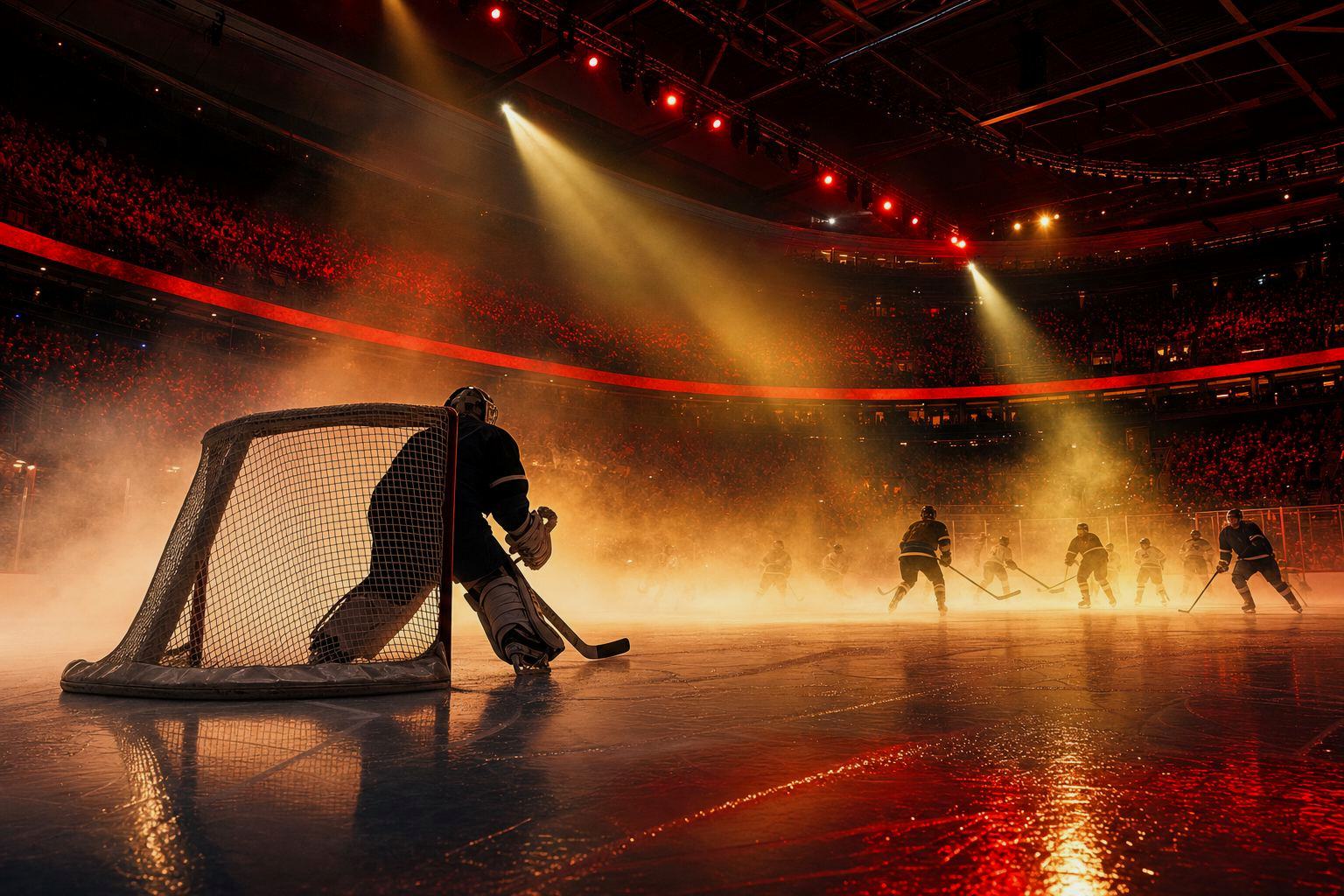 A high-energy hockey moment with blue white lighting