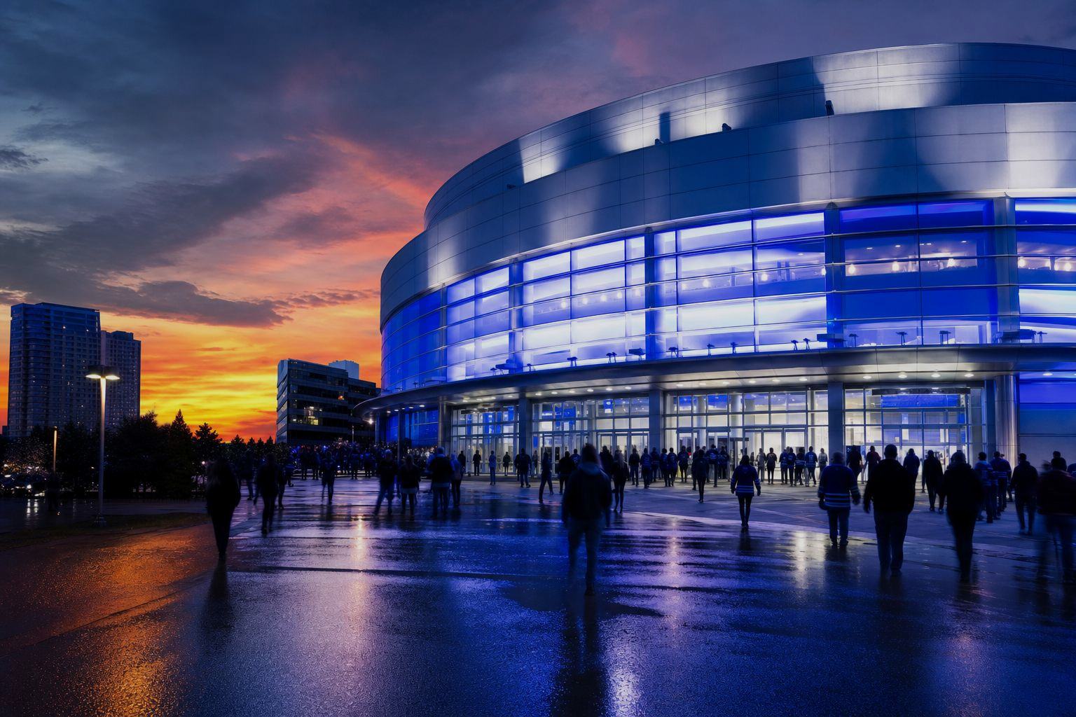 Hockey action in a blue white arena