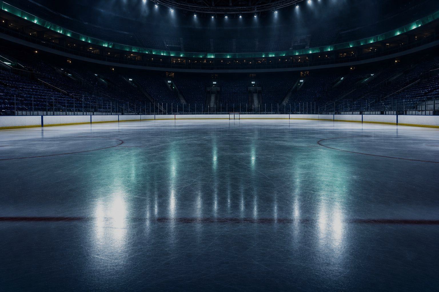 A high-energy hockey moment with green yellow lighting