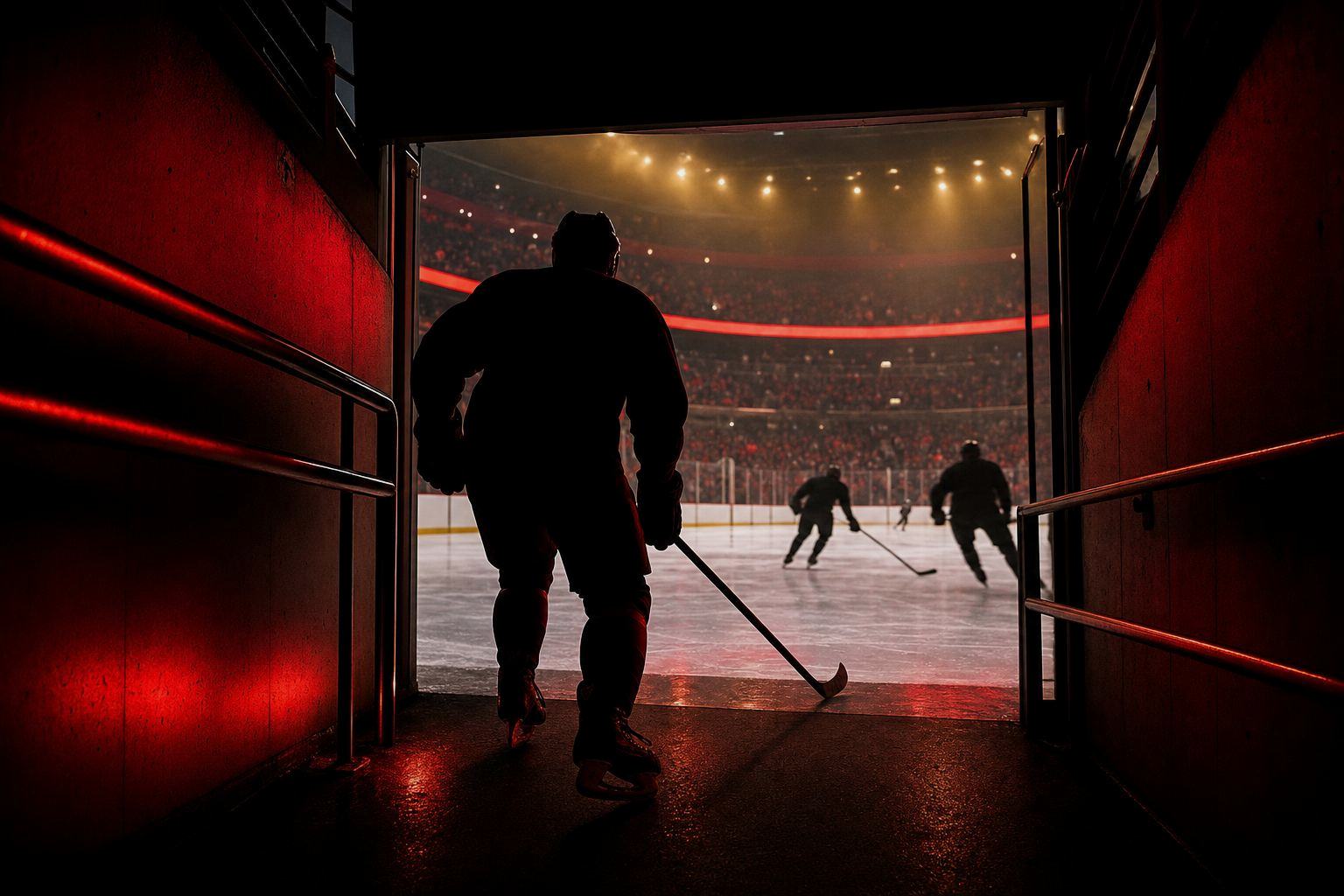 Hockey action in a red white arena