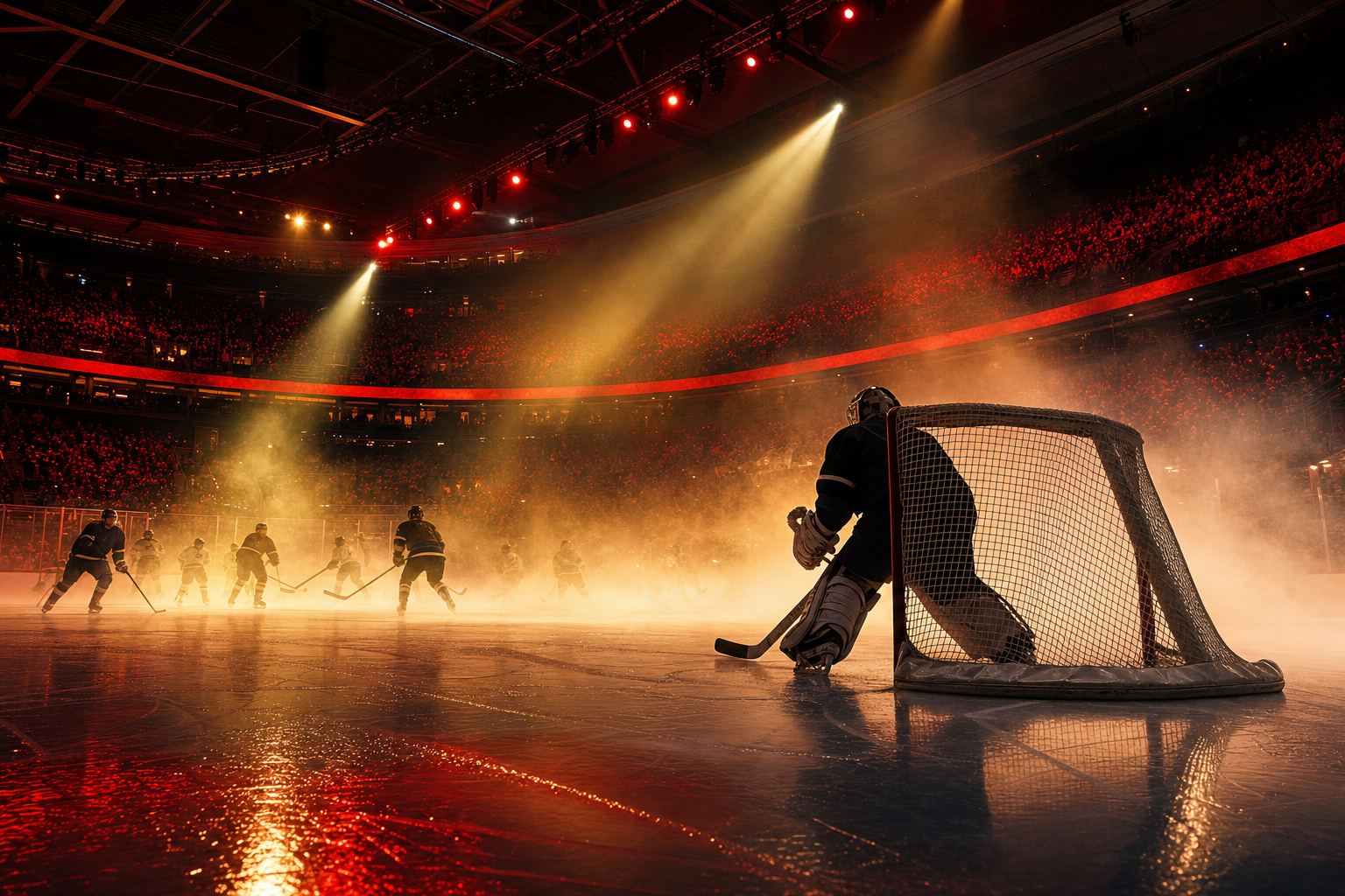 Ice-level arena mood in #c8102e and #f1be48