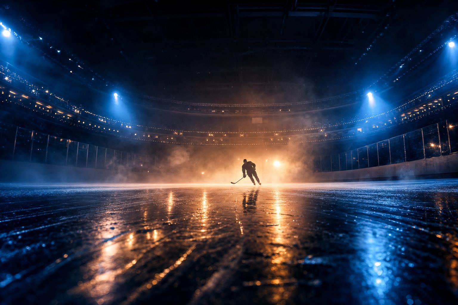 Ice-level arena mood in #041e42 and #ff4c00