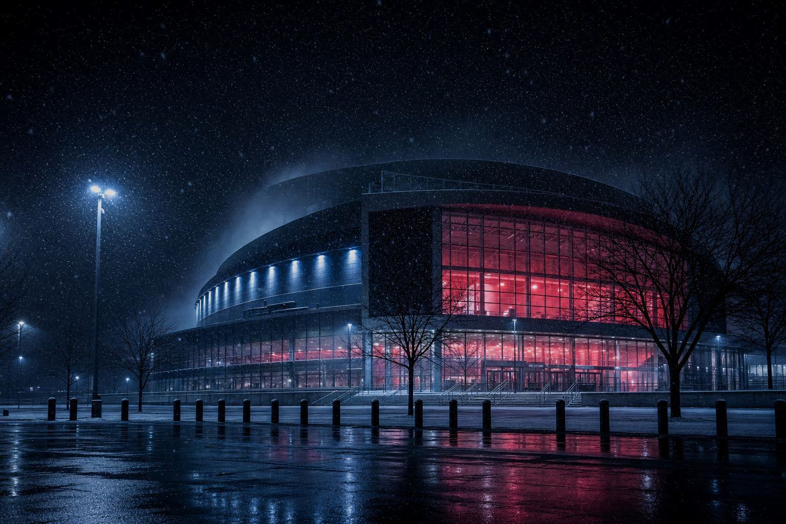 A high-energy hockey moment with teal black lighting