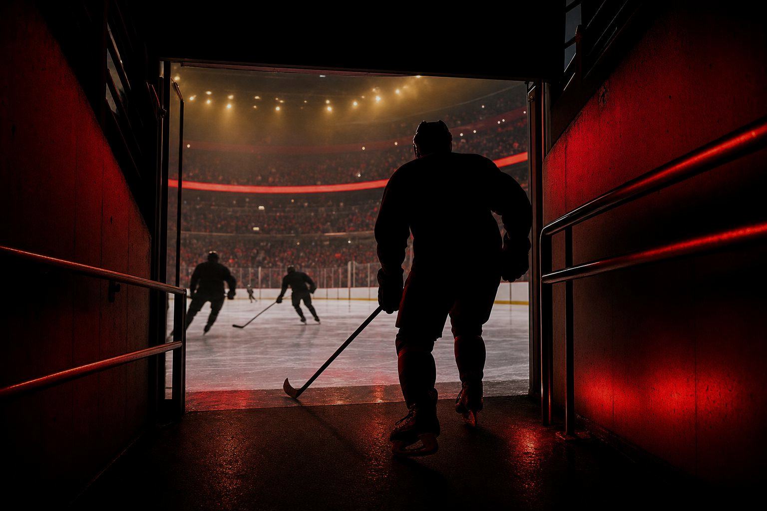 Hockey action in a teal black arena