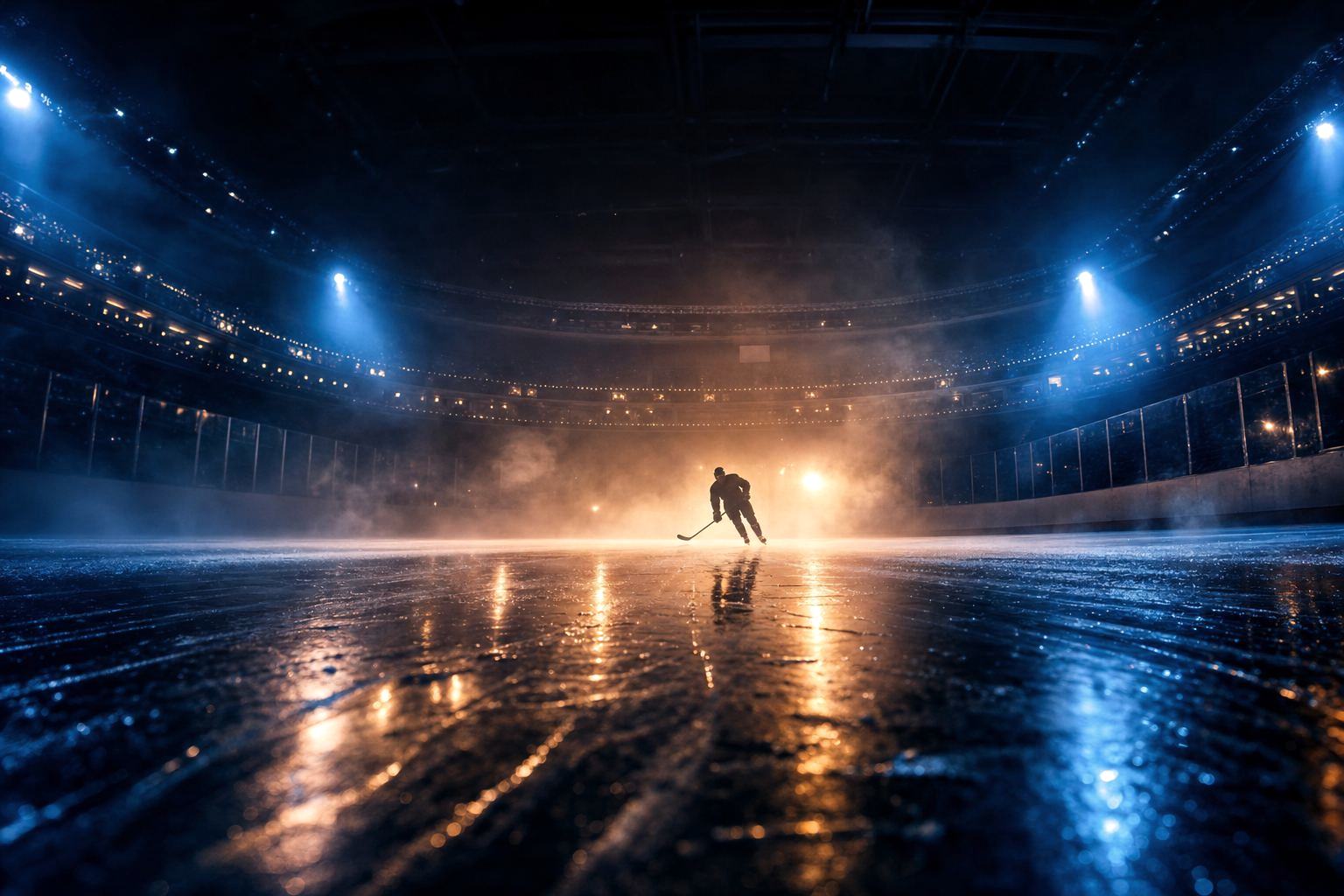 A high-energy hockey moment with amber blue lighting
