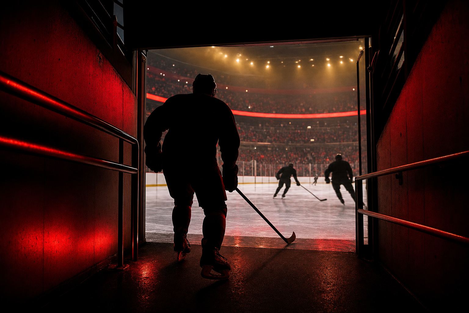 Ice-level arena mood in #c8102e and #c69214
