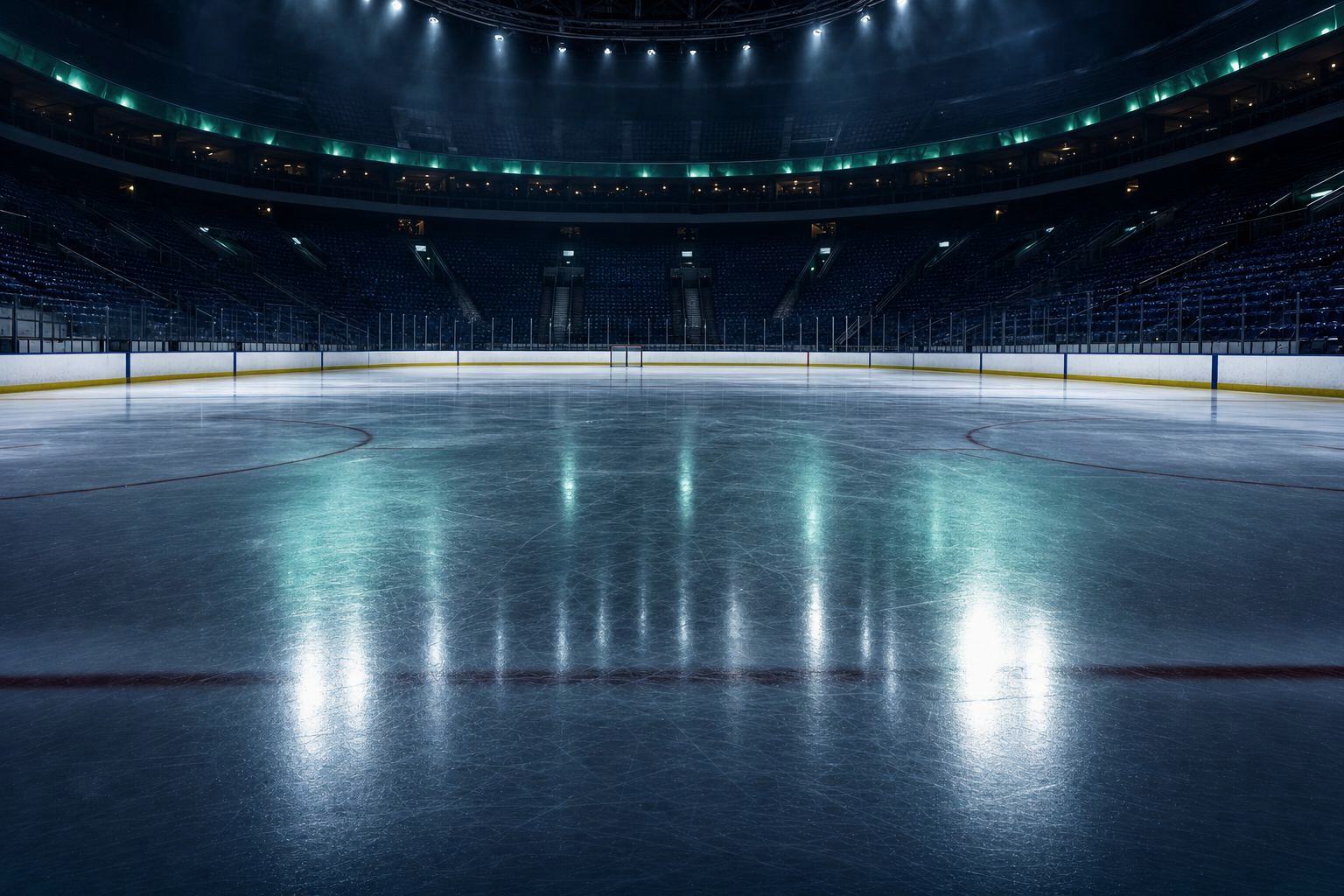 A high-energy hockey moment with prism blue lighting