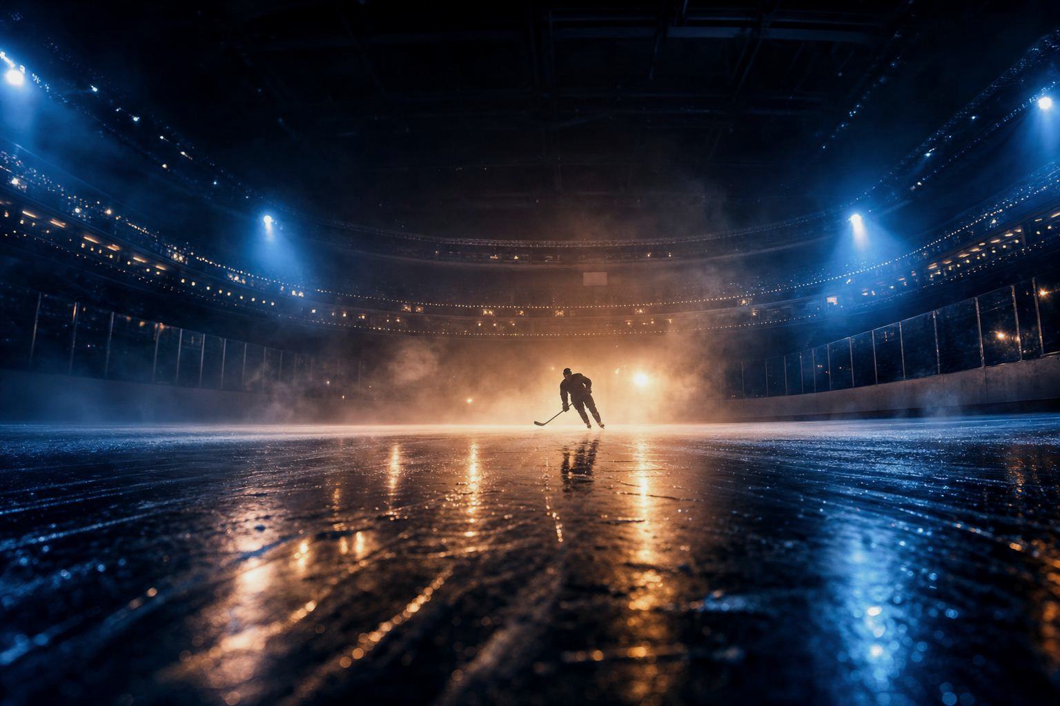 A high-energy hockey moment with orange black lighting