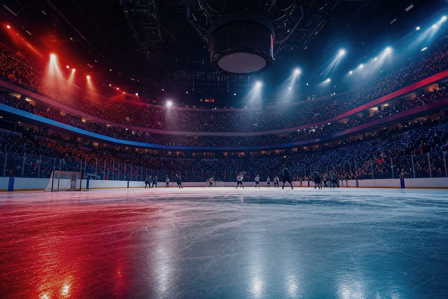 Hockey action in a orange black arena