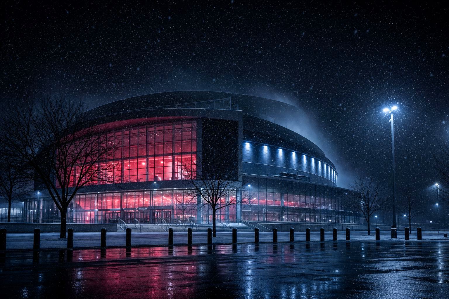 A high-energy hockey moment with purple black lighting