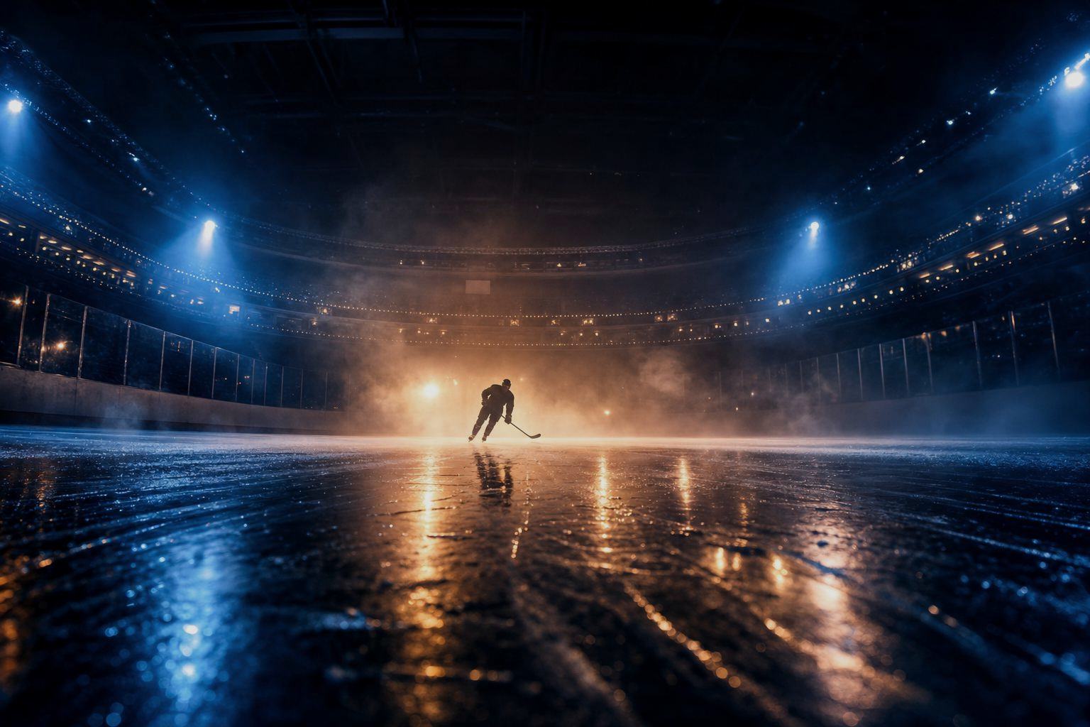 A high-energy hockey moment with navy red lighting