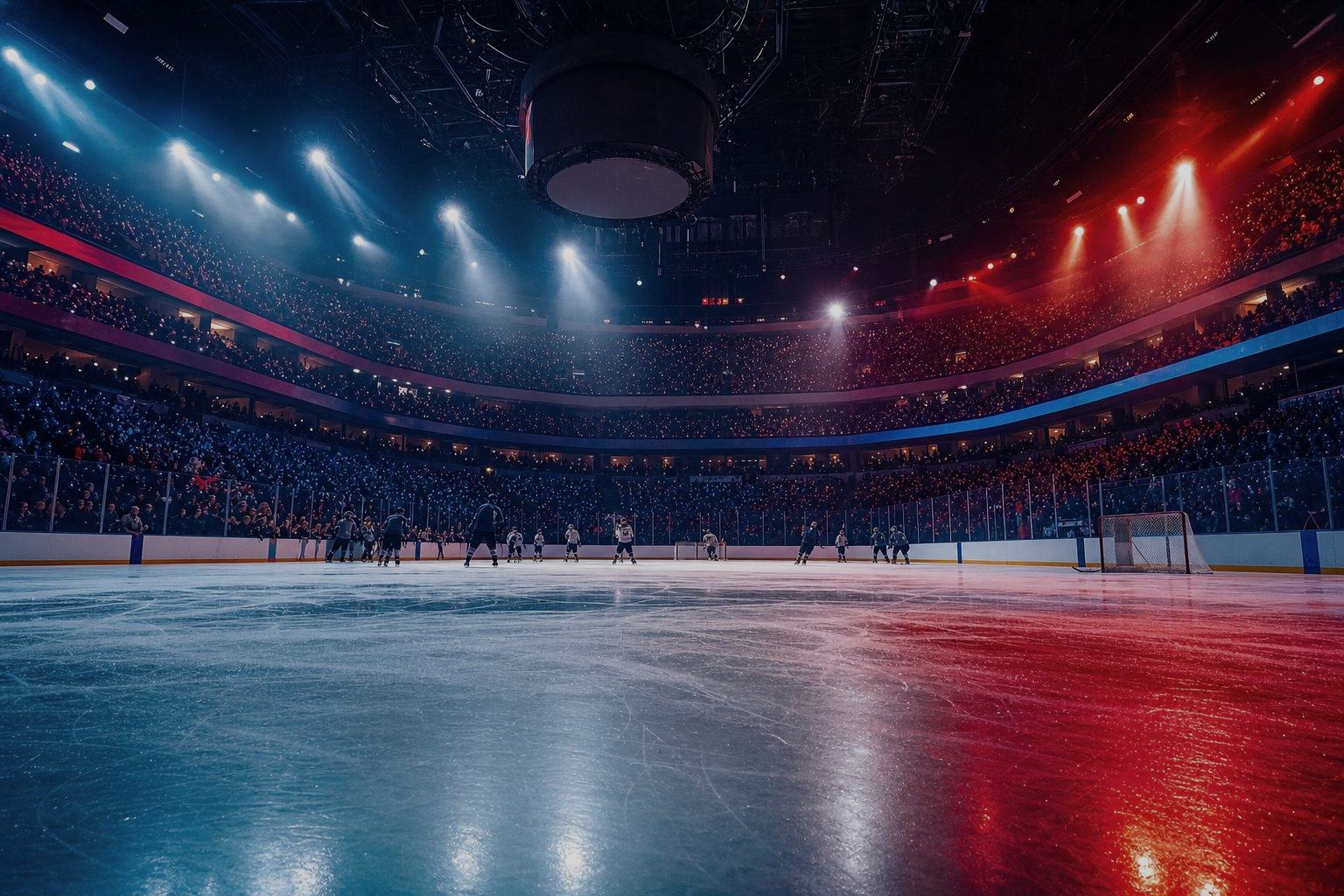 Hockey action in a navy red arena