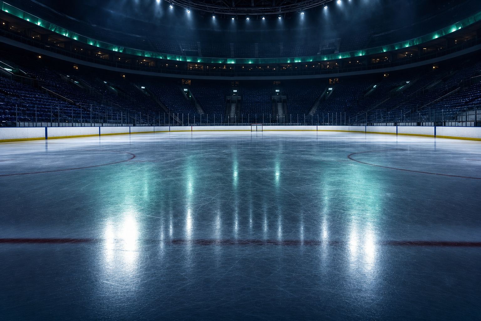 Ice-level arena mood in #00205b and #00843d